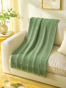1pc Solid Color Knitted Blanket, Nordic Style Tassel Design Soft Blanket, Office Nap Blanket, Bed Throw, Sofa Blanket, Suitable For Daily Use - Olive Green Cable Knitted Scarf - View 5