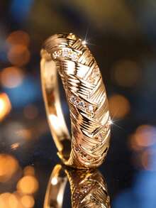 1pc Elegant Gold Woven Texture Ring, Inlaid With White Cubic Zirconia, Women's Personalized Accessory, Suitable For Party Anniversary Gift - Yellow Gold - View 1