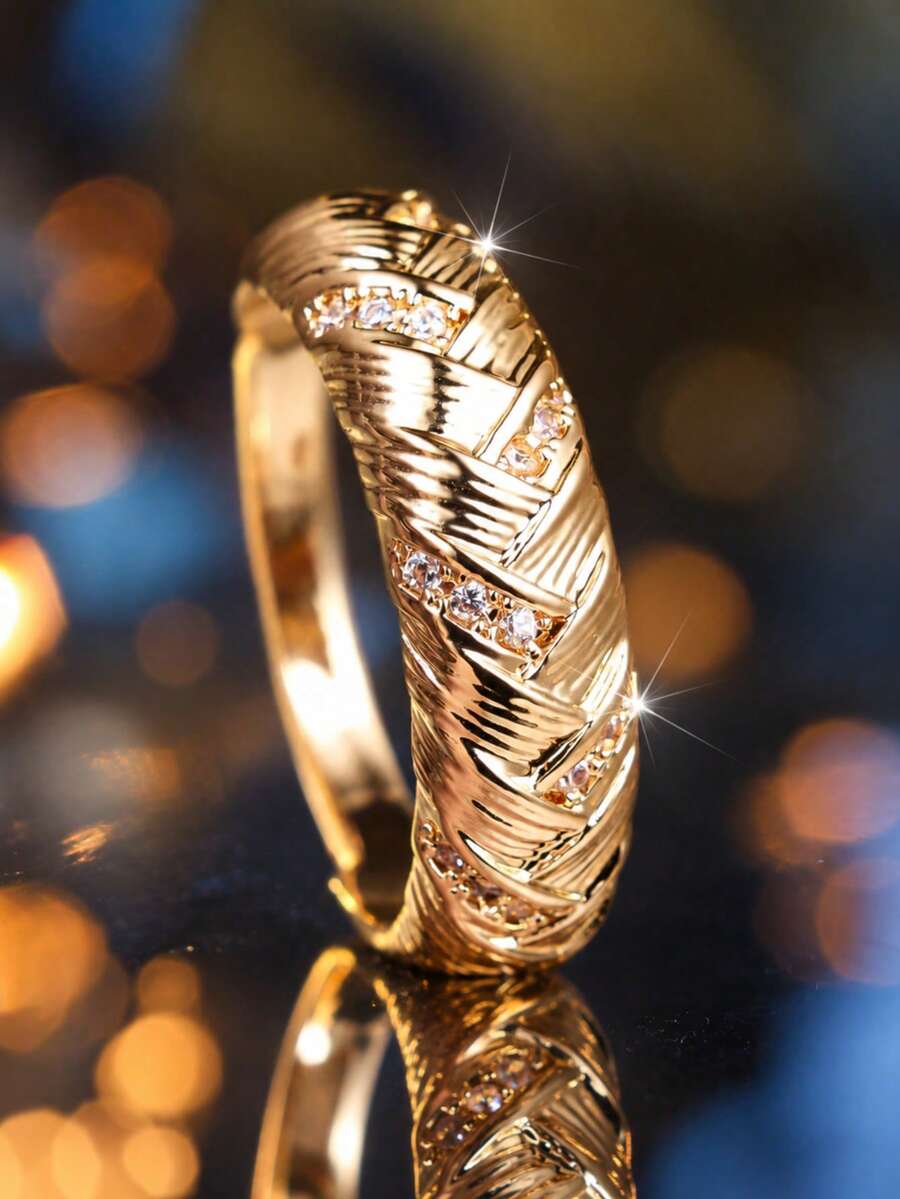 1pc Elegant Gold Woven Texture Ring, Inlaid With White Cubic Zirconia, Women's Personalized Accessory, Suitable For Party Anniversary Gift - Yellow Gold - View 1