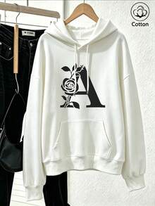 Sweet-Cool Style Printed Hoodie For Women: Relaxed, Dropped-Shoulder, Loose-Fit, Versatile, Drawstring, Pockets, Casual Pullover Top - White - View 3