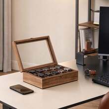 SONGMICS Caja de Relojes con 10 Ranuras, Estuche de Relojes de Madera con Tapa de Cristal, Forro de Terciopelo, Nogal Rústico MJOW100K01 - Marrón - Ver 1