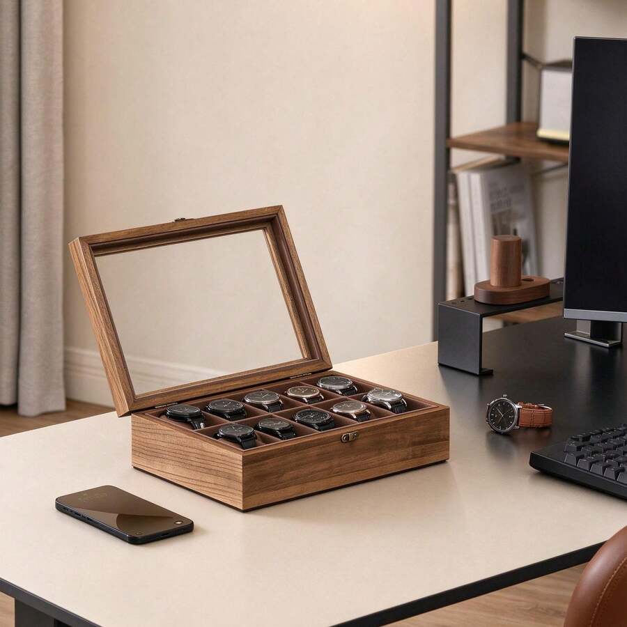 SONGMICS Caja de Relojes con 10 Ranuras, Estuche de Relojes de Madera con Tapa de Cristal, Forro de Terciopelo, Nogal Rústico MJOW100K01 - Marrón - Ver 1