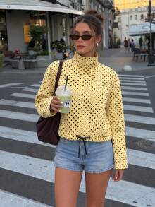 Women's Fashion Polka Dot Loose Stand Collar Casual Drawstring Zip-Up Jacket - Yellow - View 2