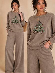 Vintage Sleigh Christmas Tree Print Women's Autumn/Winter Two Pieces Set, Soft Faux-Knit Top And Wide Leg Pants Casual Outfit - Camel - View 3