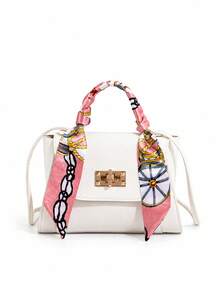1pc Girls Luxury Silk Scarf Wrapped Handbag, Classic Monogram & Solid Color 2 Styles Available, Metal Lock Commuter Crossbody Small Bag - Multicolor - View 8