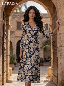 ELYRADIA Robe longue élégante pour femme - Robe maxi moulante col V avec fente latérale, imprimé floral, manches longues et taille à cordon, parfaite pour les occasions formelles d'automne - bleu indigo - Voir 7