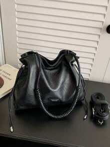 Tas Wanita Bahan PU dengan Motif Huruf Warna Polos, Tas Selempang Bahu Tunggal Multifungsi Kapasitas Besar Gaya Retro untuk Penggunaan Sehari-hari Wanita - Hitam - View 5