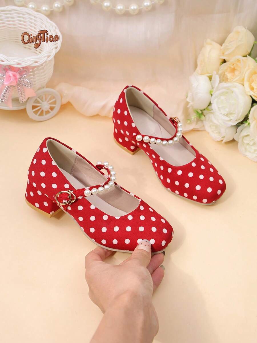 Children's Polka Dot Snap Design Daily Versatile Fashion High Heels - Red - View 1