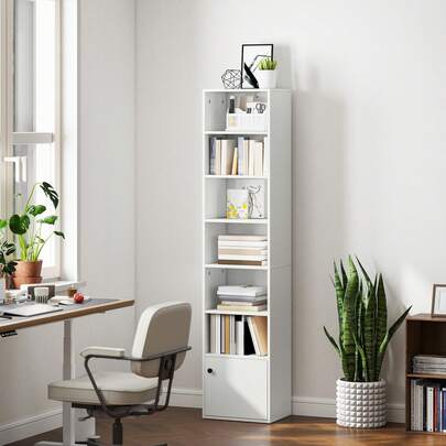 HOMCOM 7-Tier Bookcase With Adjustable Shelf, Modern Freestanding Display Shelf Unit With Cabinet For Living Room, Office, White