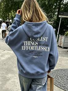 Women's Crew Neck Sweatshirt, Travel Sweatshirt With Pockets, Cotton Top, Women's Autumn/Winter Basic Sweatshirt - Denim Blue - View 8