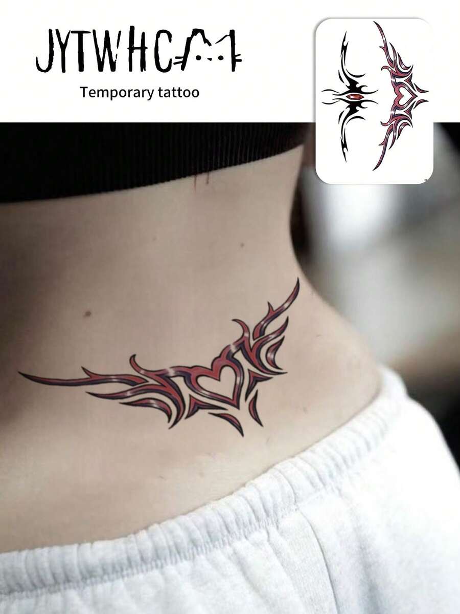 Waterproof Temporary Transfer Tattoo,1pc Water Transfer Paper, Gothic Style, Red Black Heart Totem Pattern, Sharp Line Details, Long Lasting Fake Tattoo Stickers, Body Art Decals For Women, Suitable For Neck, Nape, Shoulder - Black - View 1