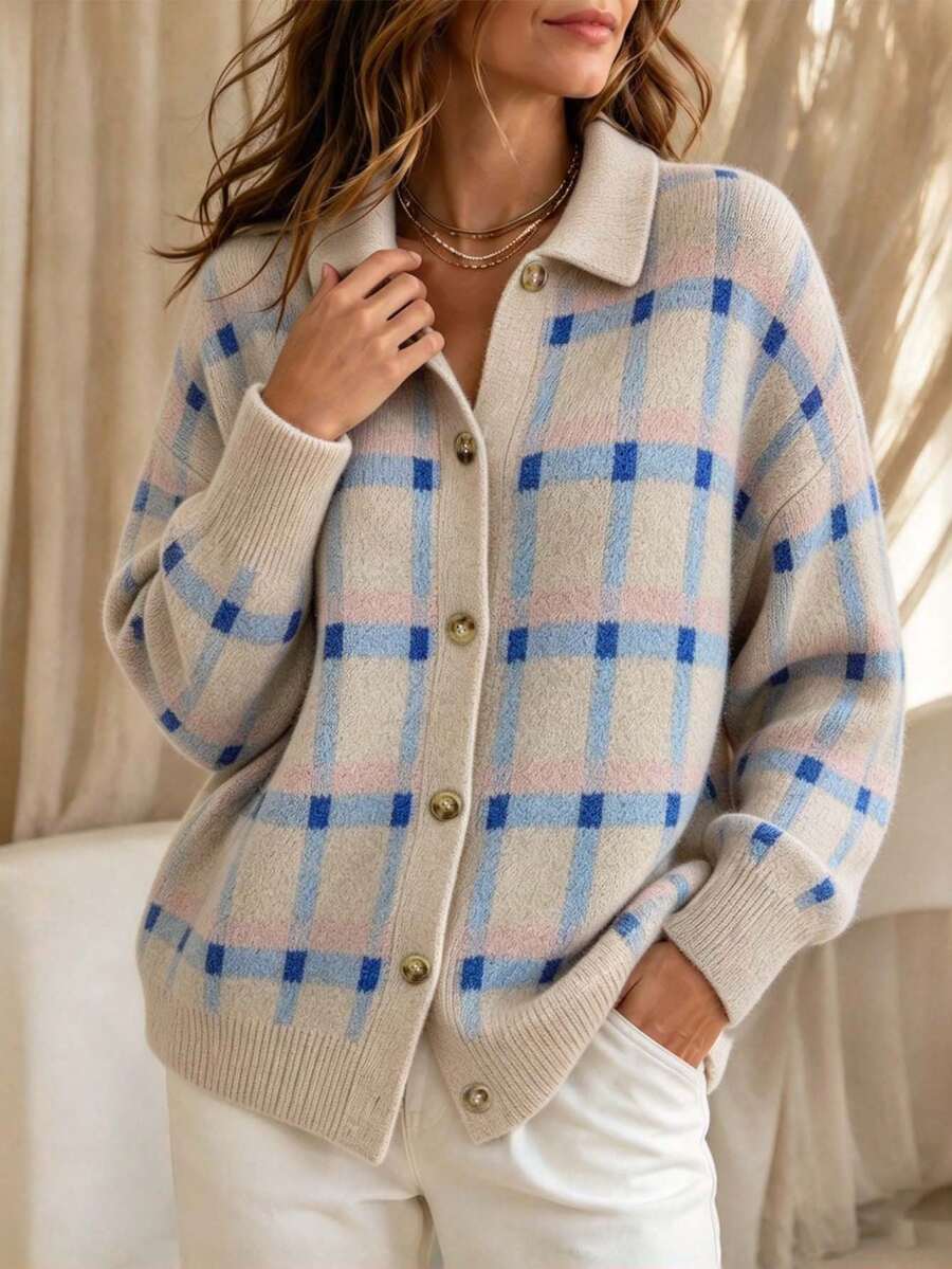 Plus Size Casual Plaid Colorblock Turn-Down Collar Button-Up Versatile Cardigan Sweater Jacket - Khaki - View 1