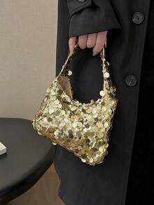 1pc Quilted Zipper Closure PVC Sequin Crescent Bag, Fashion Design Handheld Sequin Mini Bag, Women's Evening Clutch, New Versatile Large Sequin Shiny Phone Bag, Party Bag With Atmospheric Vibe, Half Moon Handbag, Perfect For Women Attending Banquets, Parties And Evening Events - Gold - View 2