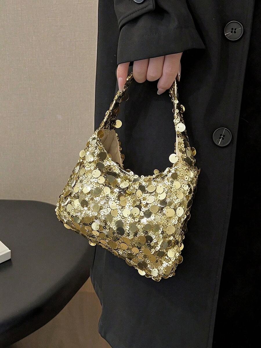 1pc Quilted Zipper Closure PVC Sequin Crescent Bag, Fashion Design Handheld Sequin Mini Bag, Women's Evening Clutch, New Versatile Large Sequin Shiny Phone Bag, Party Bag With Atmospheric Vibe, Half Moon Handbag, Perfect For Women Attending Banquets, Parties And Evening Events