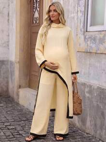 Bump Style Maternity 2-Piece Outfit Beige: Non-Stretch Long Sleeve Top & Wide Leg Pants With Contrast Trim - Apricot - View 4