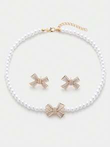 Sorayune 3pcs Set Exquisite Faux Pearl Bow Necklace & Earrings, Exclusive Design For Women - Beige - View 2