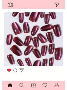 30片Y2K短橢圓穿戴甲，葡萄紫貓眼美甲，壓克力假指甲套組，含1片果凍膠與1片指甲锉，適合DIY使用，貓眼美甲 - 紫色 - 查看 4