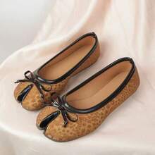 Women Leopard Print Split Toe Ballet Flats, Bow Decor Round Toe Slip On Flat Shoes, Vintage Daily Dress Shoes - Camel - View 2