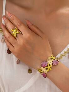 2pcs Ocean Starfish Shell Jewelry Set, Gradient Enamel Open Cuff Bracelet, Adjustable Ring, Beach Accessories - Colorful - View 8