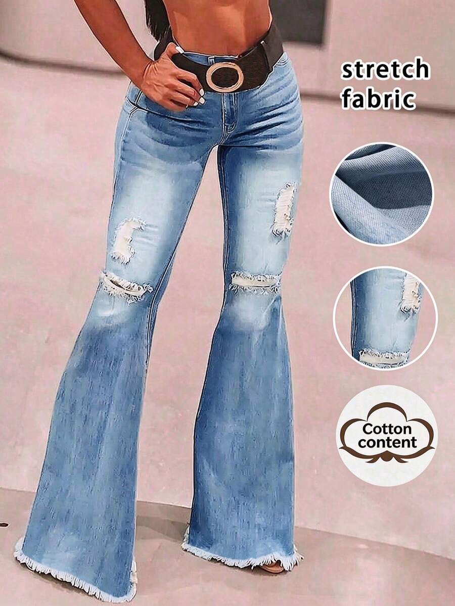 Women's Casual Distressed Raw Hem Flare Leg Jeans Spring Fall