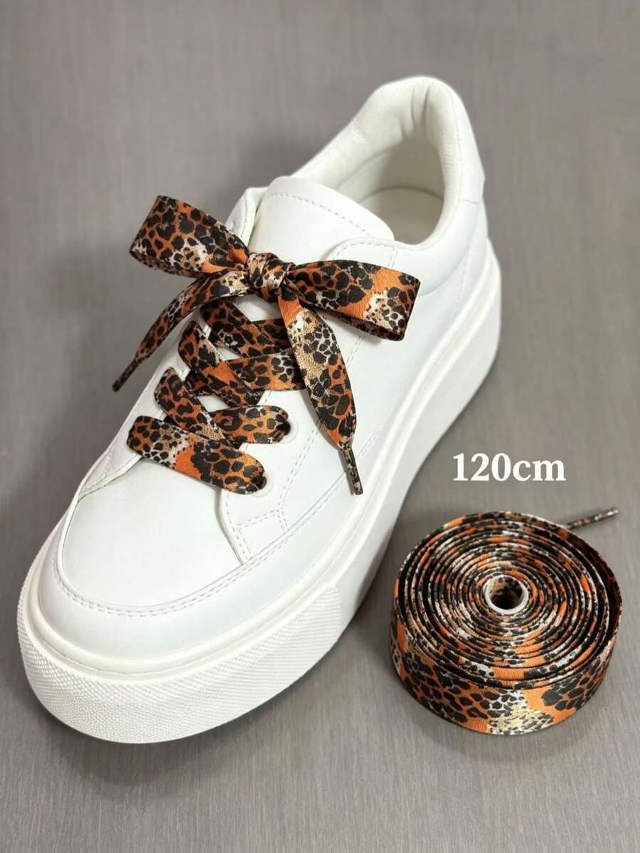 QKC 1 Pair American Retro Leopard Print Shoelaces, Personalized DIY Modification For White Sneakers And Skate Shoes, Durable Decorative Replacement Accessory - Red-brown Leopard Print - View 1