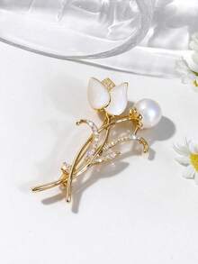 1pc Gentle French Style Cat's Eye Stone Micro-Inlaid Tulip Brooch, Spring Gift, Mother's Day, Cardigan Collar Brooch (Random Crystal Quantity) - Gold - View 2