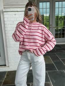 FOR BEAUTY Cardigan pull rayé rose & rouge Y2K automne/hiver pour femme, boutonné, tricot doux, coupe ample, manches longues, style preppy mignon, tenue décontractée - Rouge et rose - Voir 1