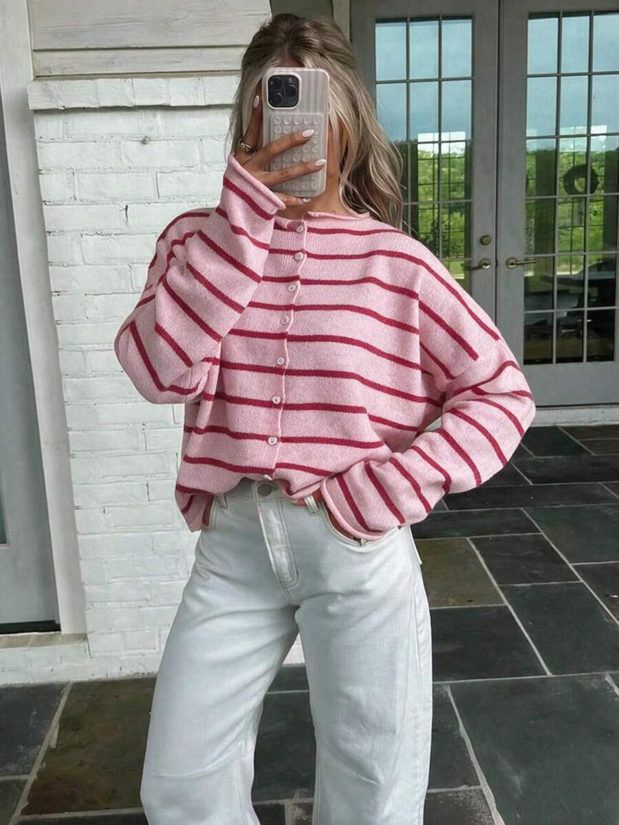 FOR BEAUTY Cardigan pull rayé rose & rouge Y2K automne/hiver pour femme, boutonné, tricot doux, coupe ample, manches longues, style preppy mignon, tenue décontractée - Rouge et rose - Voir 1