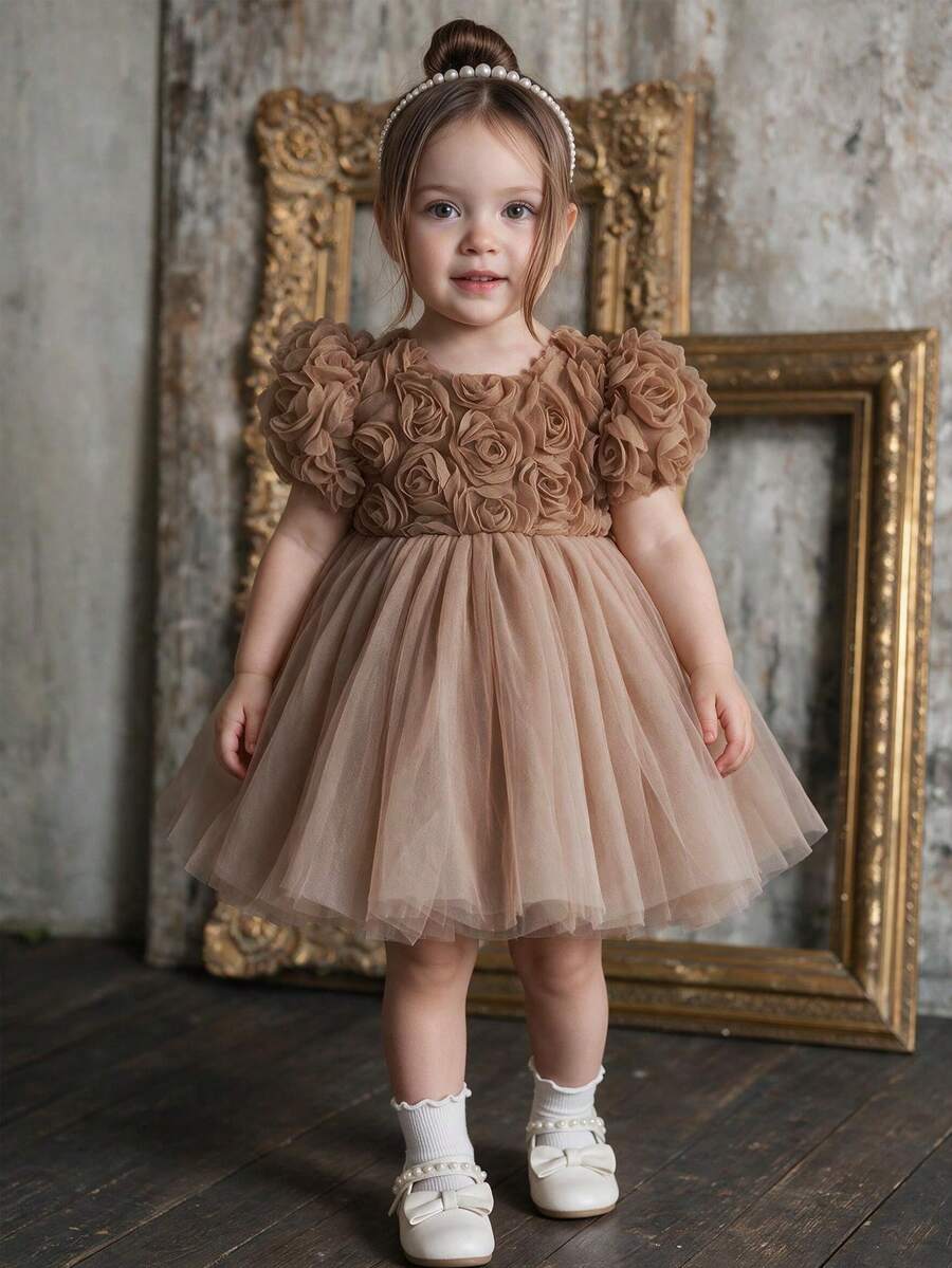 Baby Girl 3D Flower Petal Sleeve Tutu Mesh Dress, Birthday Party Dress, Formal Occasion Dress - Brown - View 1