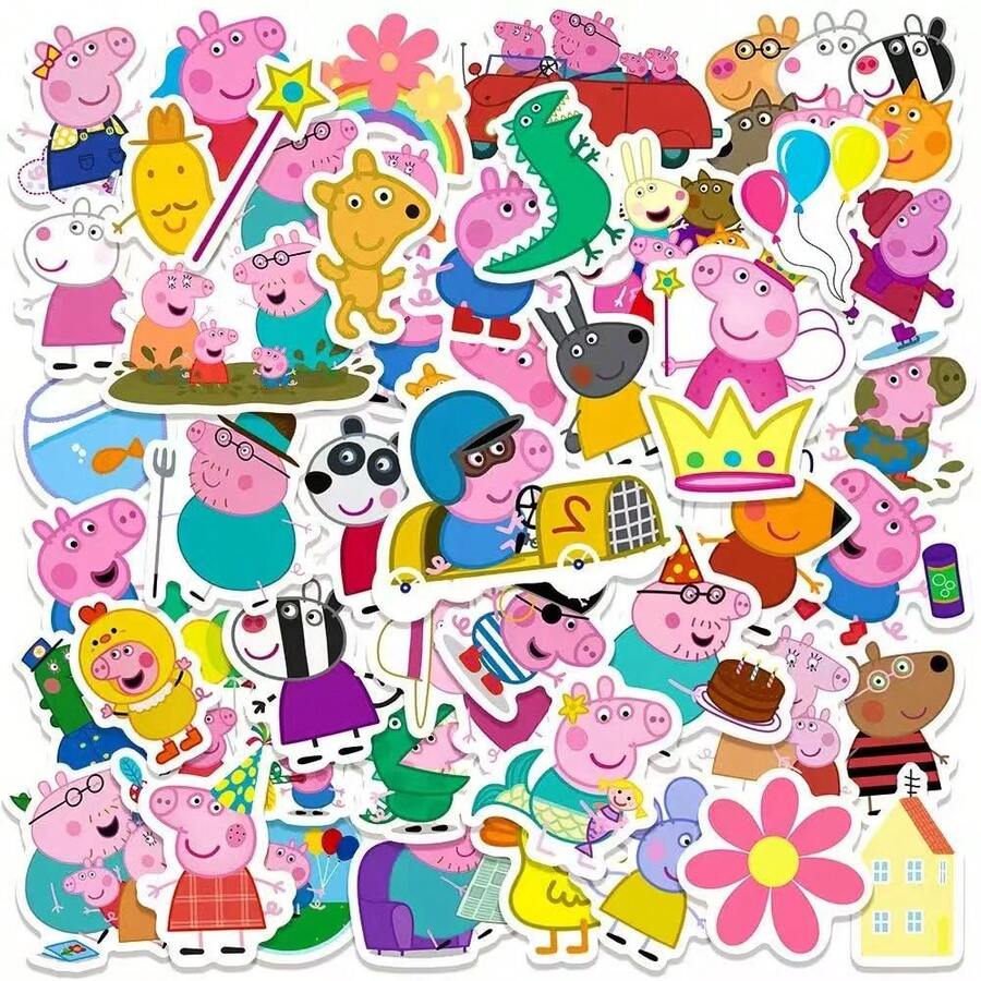 Hasbro 60pcs Pink Pig Doodle Stickers, Cute Cartoon Waterproof Decals For Notebook, Water Bottle, Phone Case, Skateboard, Planner - Multicolor - View 1