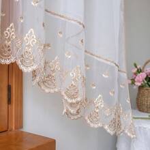 FLYINGCURTAINS Linen Look Lace Embroidery Cafe Curtain Set, Scalloped Sheer Voile Short Curtain With Valance, Light Filtering Rustic Farmhouse Window Drapes For Kitchen Bathroom Small Window Decor - 2A - View 5