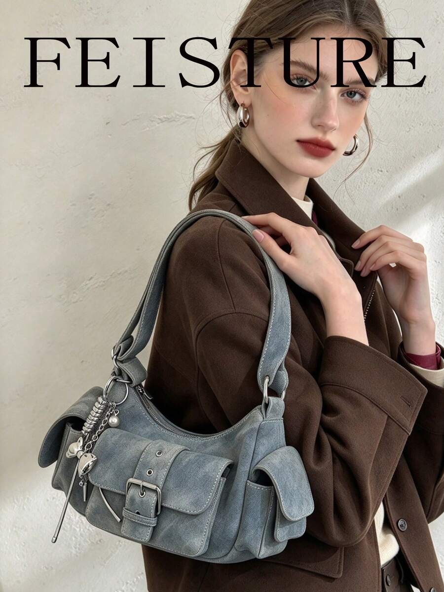 FEISTURE 1件 PU布料多口袋單肩斜跨包，小方包附肩帶，拉鍊開合，附吊飾，適合女孩、女性、大學生、職場新人與白領上班族，適用於工作、商務、通勤、上學