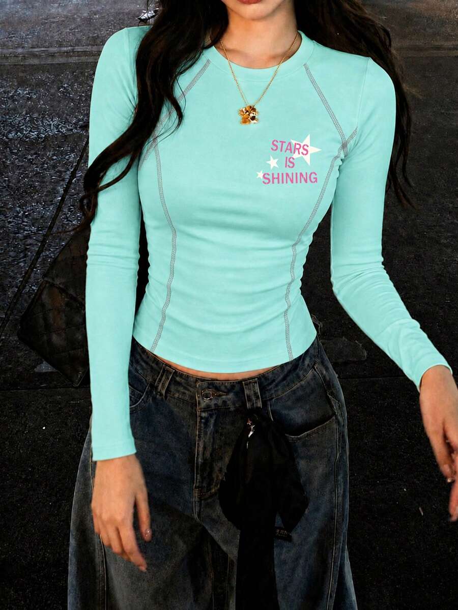 Mint Green Sweet Style Round Neck Short T-Shirt For Women, Autumn American Star & Letter Print Slimming Waist Y2K Top - Mint Green - View 1