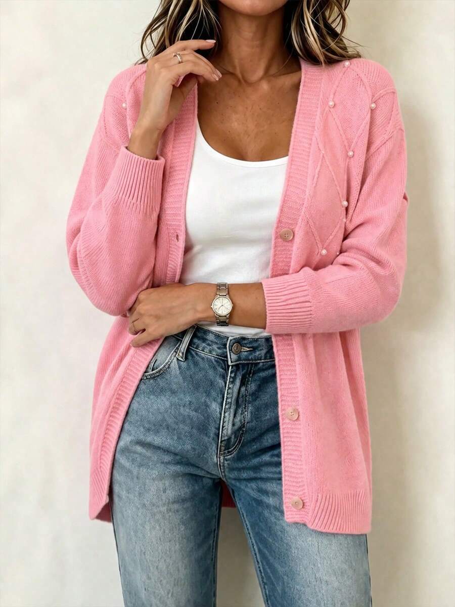 Plus Size Fall Winter Pearl Detail Knit Cardigan, Ladies V-Neck Button Front Long Sleeve Slim Commute Daily Outer Sweater - Pink - View 1