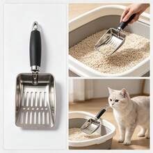 1 st kattströskopa i rostfritt stål, slumpmässig färg, hållbar med halkfritt handtag, stor hålsikt för kattströ, husdjursavföringsskop, för rengöring av kattlåda - Visa 6