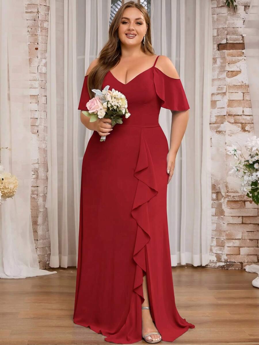 Plus Size Women Off Shoulder Ruffle Slit Bridesmaid Dress, Elegant Wedding Guest Dress - Red - View 1