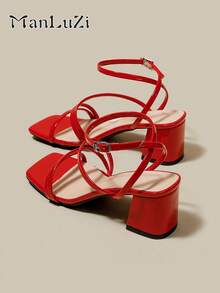 ManLuZi Women's Red High Heel Sandals With Criss-Cross Open Toe, Lace-Up, Thick Heel, Strap, Summer Shoe - Red - View 1
