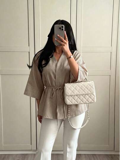 Elegante casual damescardigan met riemdecoratie in effen kleur, geschikt voor kantoor en vakantie