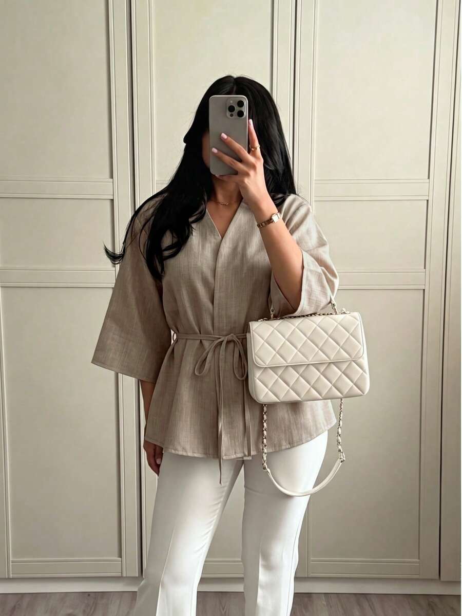 Women's Autumn Elegant Casual Belt Decor Solid Color Cardigan Top, Suitable For Office And Vacation - Oatmeal Color - View 1