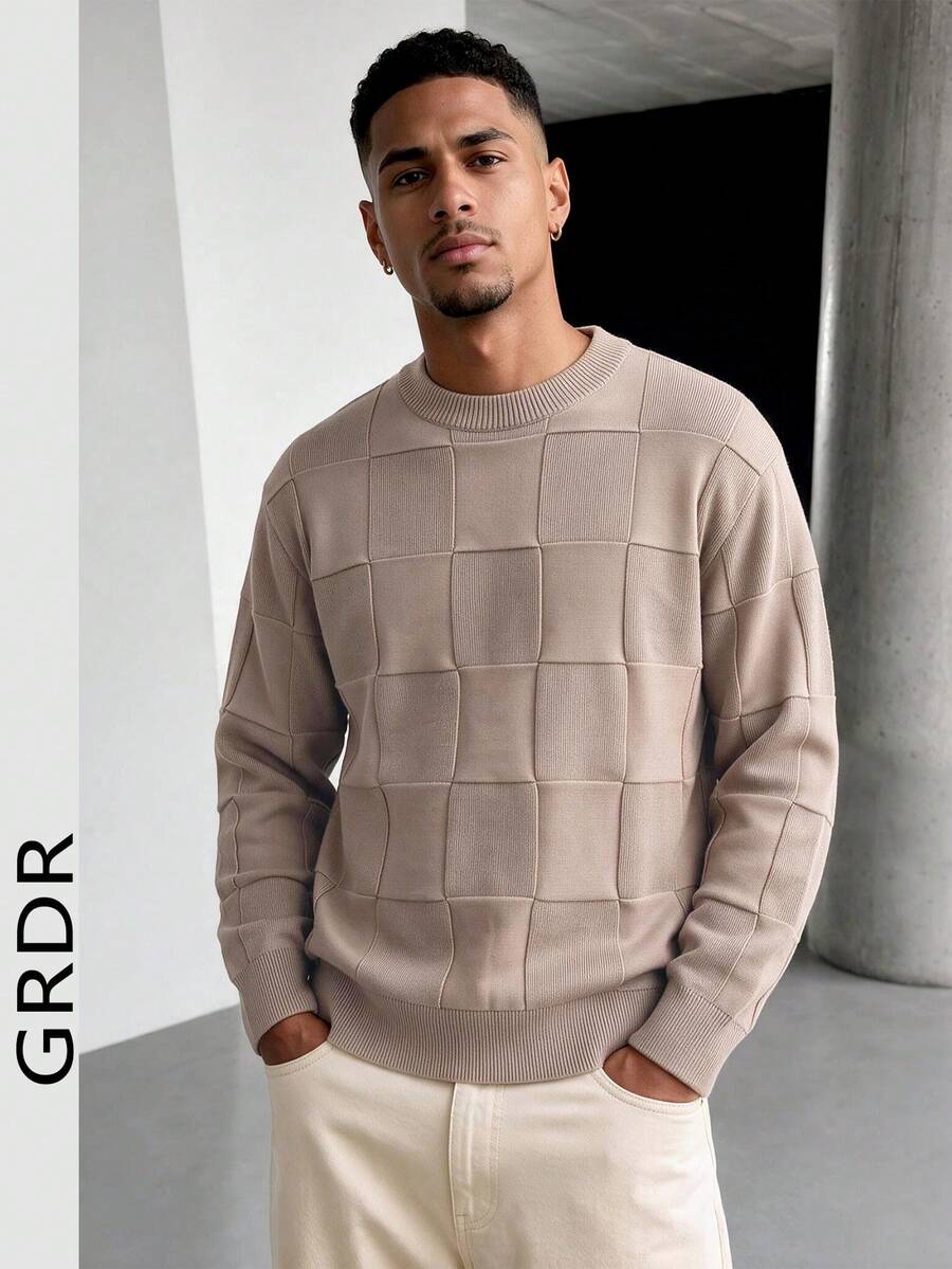 GRDR 1pc Men's Round Neck Color Block Sweater, Autumn/Winter Long Sleeve Knit Top, Suitable For Layering And Outerwear - Khaki - View 1