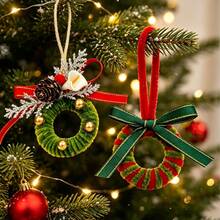1PC Mini Fuzzy Wreath Hanging Ornament Set, With Pine Cone And Bow Handmade Circular Pendant, Plush Twist Wire Craft Decoration, Rope Hanging Holiday Accessory, Aesthetic Small Ornament, Perfect Holiday Gift For Craft Enthusiasts, Decor Lovers And Jewelry Collectors - Multicolor - View 12