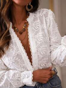 EARO Elegant White 3D Embroidered Long Sleeve Blouse, Ruffle Cuffs, Fashionable Unique Design Versatile - White - View 6
