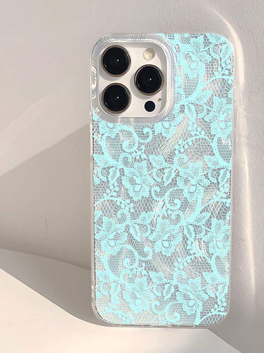 1件淺色浪漫蕾絲花卉圖案手機殼 銀色透明加厚保護殼,適用於 iPhone 11/12/13/14/15/16 Pro Max - 彩色 - 查看 1