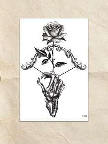 Waterproof Temporary Transfer Tattoo,1pc Water Transfer Paper, Dark Gothic Style, Skeleton Hand & Rose Totem Pattern, Exquisite Sketch Line Details, Long Lasting Fake Tattoo Stickers, Body Art Decals For Women, Suitable For Chest, Abdomen, Waist - Black - View 5