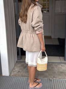 Fashionable Women's Long Sleeve Khaki Stand Collar Button-Up Cardigan Jacket, Mid-Length Woven Coat, Essential For Spring And Autumn - Khaki - View 7