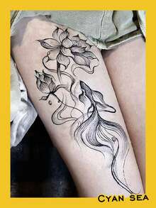 1pc Temporary Tattoo Sticker, Ink Wash Lotus & Koi Fish Pattern, Realistic Fake Tattoo Design For Daily Wear, Bachelorette Party Favors, Music Festival, Cosplay, Graduation Gift, Lasts 3-5 Days - Black - View 6