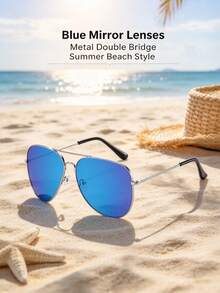 1 Pair Women Classic Aviator Sunglasses, Silver Metal Frame Blue Reflective Lens, Fashion Pilot Eyeglasses, Summer Travel Daily Wear - Multicolor - View 3