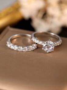 Gift Box Set Cubic Zirconia Silver Double Ring Set, Single Diamond Zirconia Ring + Half Eternity Band, Stackable Wedding And Engagement Jewelry For Women - Silver - View 9