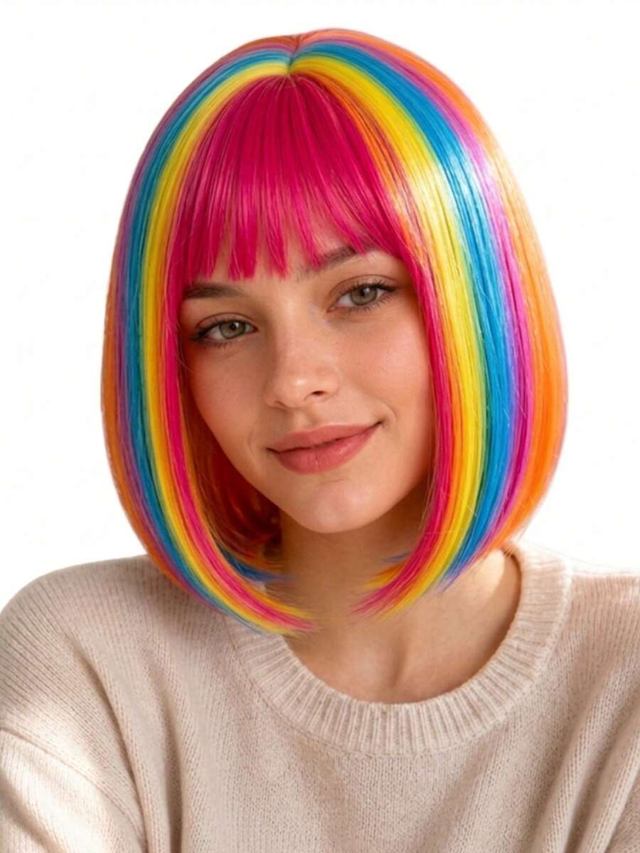 Rainbow Color Bob Wig With Bangs, Gradient Color Design, Holiday Party, Comic Convention, Cosplay, Funny Eye-Catching Atmosphere Costume Headwear - View 1