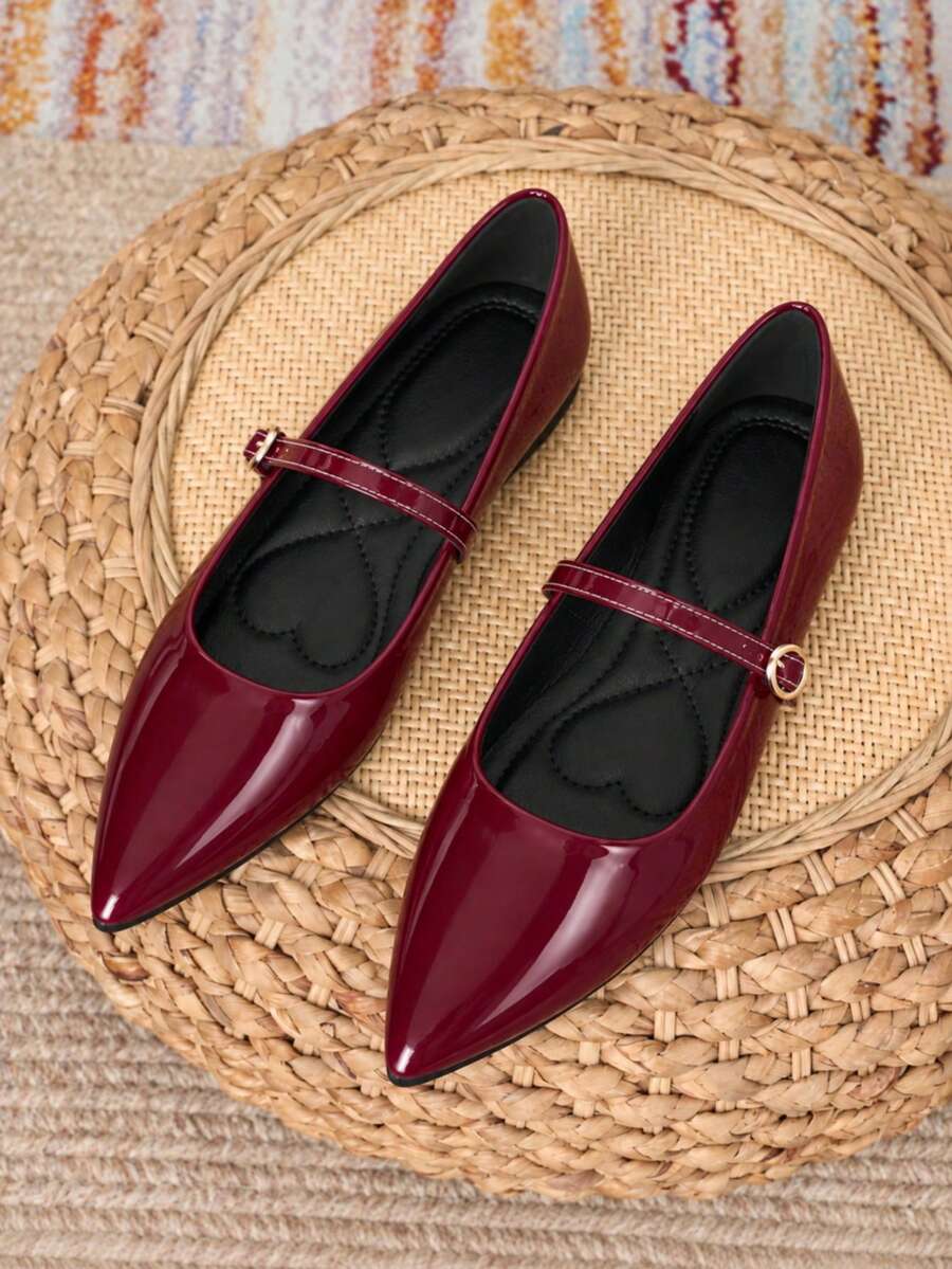 HFSHUNXY SunsoleShoes 2026 優雅秋冬女款瑪麗珍尖頭平底鞋，酒紅色，舒適百搭，休閒套腳，單條扣帶，適合情人節、母親節及其他節日禮物，婚禮、派對、辦公室及多種風格搭配